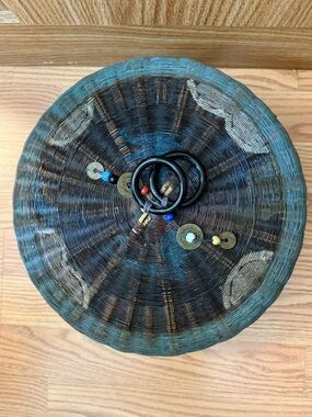 ANTIQUE CHINESE HAND WOVEN BAMBOO BASKET W/LID & GLASS HANDLES,BEADS,COINS